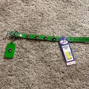 New leather Green One Dog Collar with Paw Print Accents size 19 inches xs/small